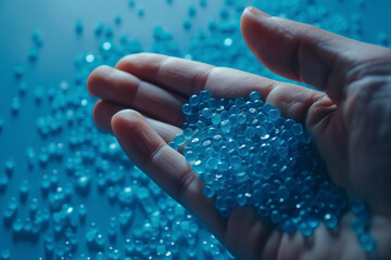 A hand hold or touching plastic pellets , plastic polymer dye granules color clear blue.