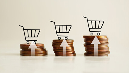 Coins stacked with shopping cart icon with up arrow. Inflation in e-commerce. Business growth...