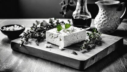 Fototapeta na wymiar a black and white masterpiece captures the rustic charm of a cutting board adorned with feta cheese and fresh herbs, highlighting texture and contrast
