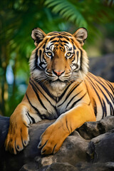 Closeup portrait of a wild Bengal tiger staring at the camera, resting on a rock in the jungle wilderness, zoo tiger animal