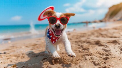 Playful Puppy Chasing Frisbee at Beach with Patriotic Accessories