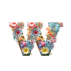 Letter W made in 3d shape and covered with colorful soft pastel color blooming flowers with clean white background.