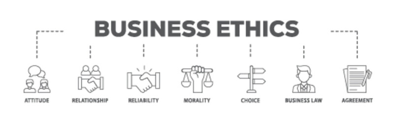 Business ethics banner web icon illustration concept with icon of attitude, relationship, reliability, morality, choice, business law and agreement icon live stroke and easy to edit 