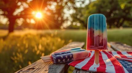 Classic Red, White, and Blue Popsicle Melting on Summer Picnic Table