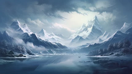Foto op Plexiglas a snowy mountain range with a lake surrounded by snow covered mountains in the foreground and a cloudy sky in the background. Wallpaper, Travel banner © Ilmi