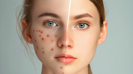 Young woman or teenage girl dermatology acne treatment before and after. Teenager facial skin inflammation or irritation in puberty, pimples or spots, infections and scars, allergy removal result