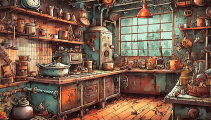 old steam locomotive kitchen - obrazy, fototapety, plakaty