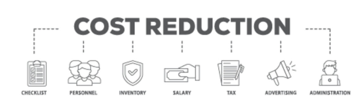 Cost reduction banner web icon illustration concept with icon of checklist, personnel, inventory, salary, tax, advertising and administration icon live stroke and easy to edit 