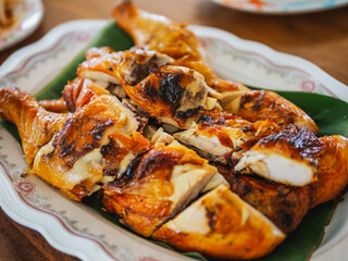 Thai chicken grilled style in white dish on wooden table top. Thai street food concept. Grilled chicken, Thai food