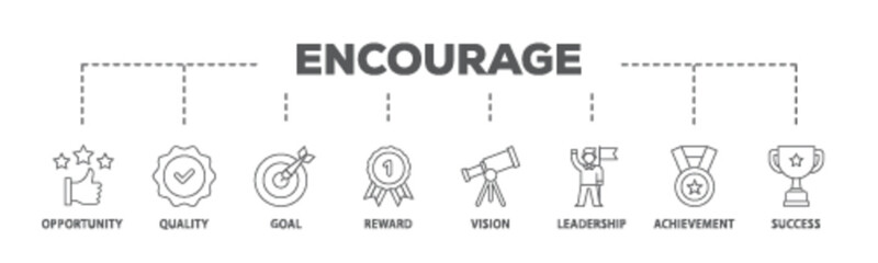 Encourage banner web icon illustration concept with icon of opportunity, quality, goal, reward, vision, leadership, achievement, success icon live stroke and easy to edit 