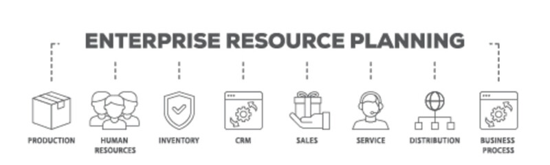 Enterprise resource planning banner web icon illustration concept with icon of production, human resources, inventory, crm, sales, service icon live stroke and easy to edit 