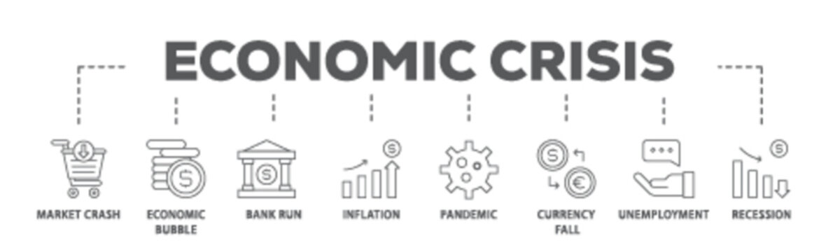 Economic crisis banner web icon illustration concept with icon of recession, unemployment, inflation, currency fall, pandemic, bank run icon live stroke and easy to edit 