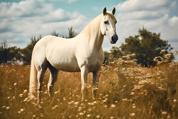 Portrait photography of a beautiful white or gray horse animal standing in the flower field