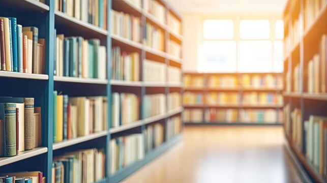 Blurred empty library interior space. Blurry classroom with bookshelves. background or backdrop in book shop business or education