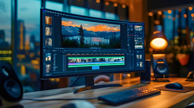 Video editing software or program opened on a wide pc computer monitor screen display placed along the keyboard and speakers on a wooden table or desk in a home room or office interior, nighttime