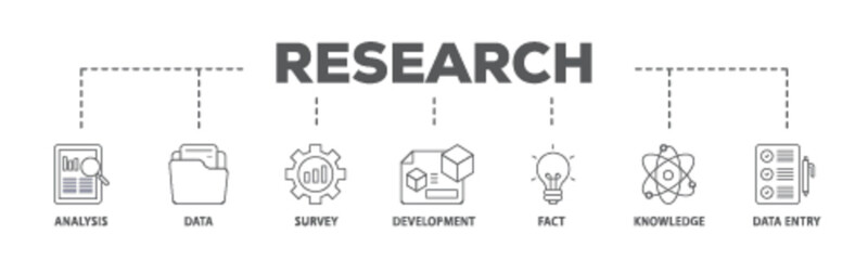 Research banner web icon illustration concept with icon of analysis, data, survey, development, fact, knowledge and data entry icon live stroke and easy to edit 