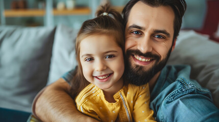 Father and his cute little daughter, man sitting on sofa with his female child or kid, both of them are smiling and looking at the camera. Living room relaxation, happy family, fatherhood concept