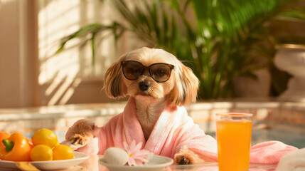 Funny Yorkshire Terrier dog breed wearing pink bath robe and sunglasses, resting and relaxing on a comfortable chair in the spa center. In front of him is the refreshing orange juice drink