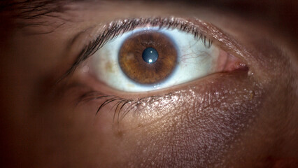 Wide open brown eye close up