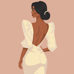 Vector flat fashion illustration of a modern sexy African bride in an elegant backless dress. Back view.
