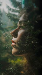 A person's features radiating comfort and respite, their partly transparent visage drifting before a primeval forest withdrawing into obscurity, mystical, tracking