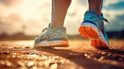 Run banner. running competition. Close up view of runner sport shoes sprint running on track