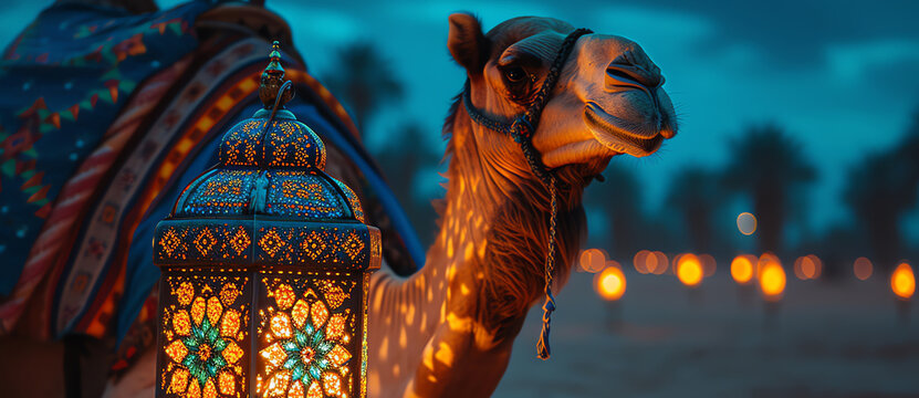 camel and lantern by night, AI generated