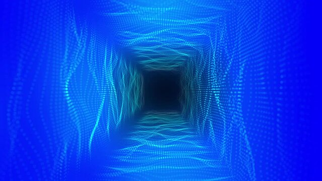 Into the Digital Abyss: Vibrant Square Tunnel of Blue and Green Particles - Digital Sci-Fi Motion Graphics