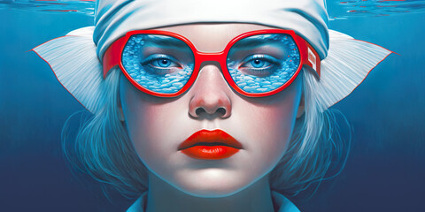 Surreal portrait of a woman submerged in water, wearing large red-framed glasses reflecting a cracked texture, with white headwear and striking red lips.Portrait concept. AI generated.