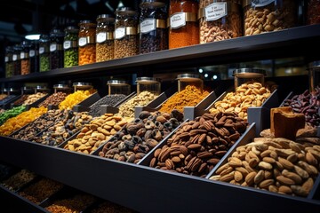 a display of nuts and other food items, dried frites on a shelf