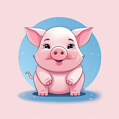 Fototapeta premium Cute flat logo of Vector sitting pig illustration with blue and pink background