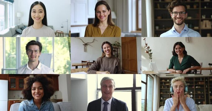 Faces of diverse people look at camera, lot of footages collage view. Millennial woman in headphones make speech, take part in videoconference virtual meeting. Global communication using videocall app
