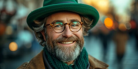 A handsome elderly man in a green hat and glasses, delighted, celebrates St. Patrick's Day.