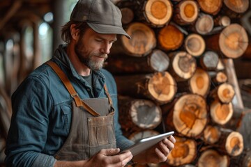 A focused and attentive worker in an industrial setting, wearing an apron and cap, using a tablet for carpentry tasks.