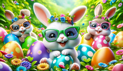 Colorful Easter Bunnies Wearing Sunglasses with Decorated Easter Eggs and Flowers