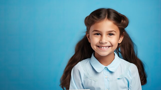 Reading book. little girl smiling with book on a blue background, school, back to school, education