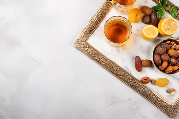 a tray with nuts and lemons on a table