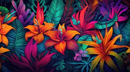 Colorful flower, leaf and parrot nature background. tropical pattern with jungle vegetation and exotic fauna in bright colors. 