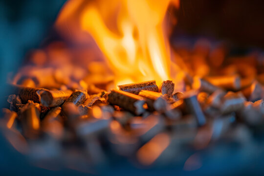 Pellets in flames- oak biomass, close up.
