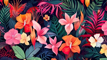 Colorful flower, leaf and parrot nature background. tropical pattern with jungle vegetation and exotic fauna in bright colors. 