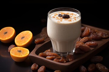 Dates with a glass of milk and oranges on a table