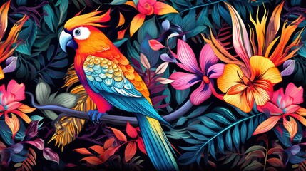 Obraz premium Colorful flower, leaf and parrot nature background. tropical pattern with jungle vegetation and exotic fauna in bright colors. 