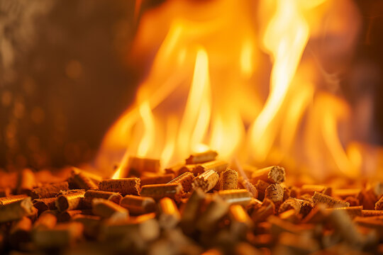 Pellets in flames- oak biomass, close up.