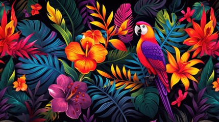 Fototapeta premium Colorful flower, leaf and parrot nature background. tropical pattern with jungle vegetation and exotic fauna in bright colors. 