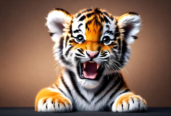 baby tiger with funny face expiration on minimal background