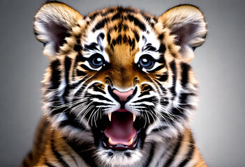 Obraz premium baby tiger with funny face expiration on minimal background