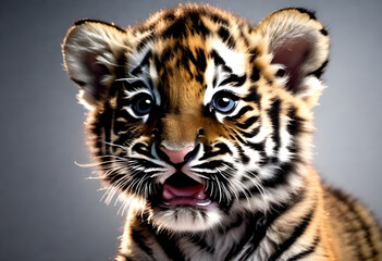 baby tiger with funny face expiration on minimal background