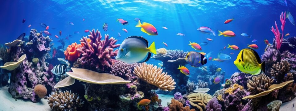 Tropical sea underwater fishes on coral reef. snorkel, diving. Aquarium oceanarium colorful marine panorama landscape nature. background wallpaper
