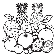 Fruits outline coloring page illustration for children and adult