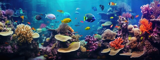 Tropical sea underwater fishes on coral reef. snorkel, diving. Aquarium oceanarium colorful marine panorama landscape nature. background wallpaper
